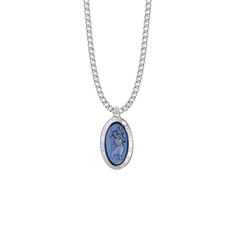 Sterling Silver Oval Blue Enameled St. Christopher Medal, Patron Saint of Travelers