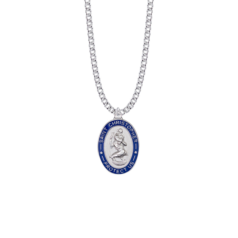 1-1/16 Inch Sterling Silver Oval with Blue Enameled Border St. Christopher Medal, Patron Saint of Travelers