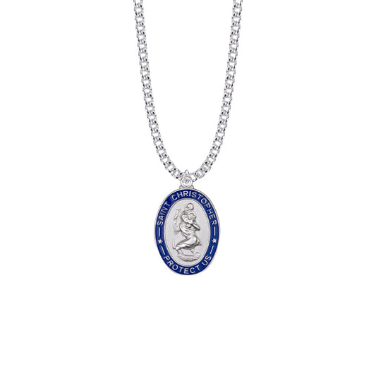 1-1/16 Inch Sterling Silver Oval with Blue Enameled Border St. Christopher Medal, Patron Saint of Travelers