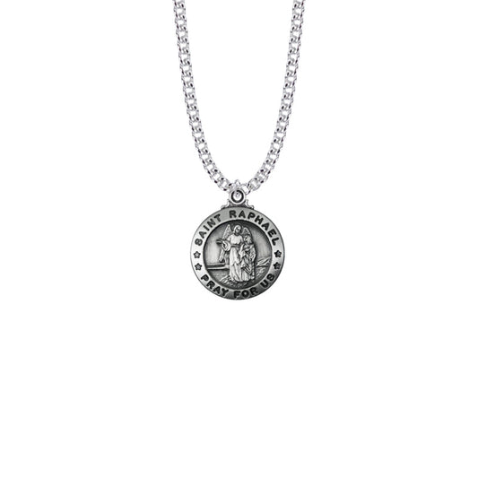 Sterling Silver Large Round St. Raphael Medal, Patron Saint of Travelers, The Blind, and Bodily Ills