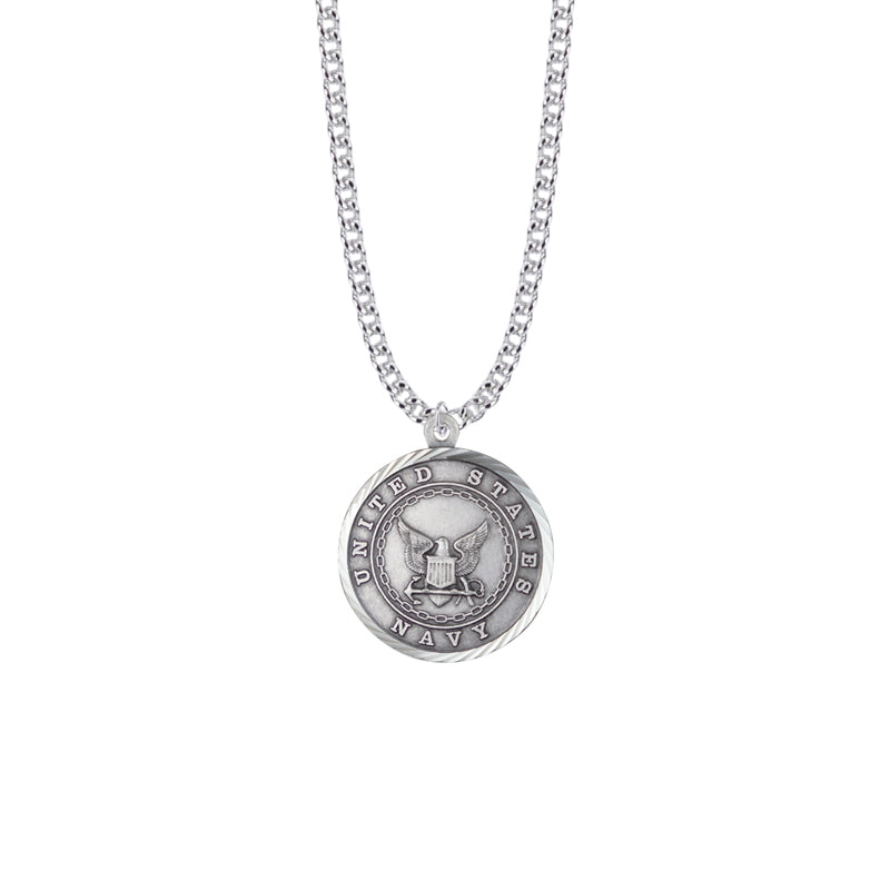 Round Sterling Silver U.S. Navy Medal with Cross and Philippians 4:13 on the Back