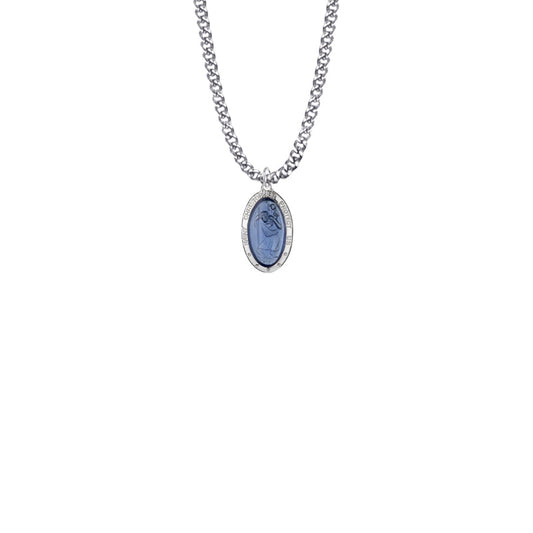 11/16 Inch Sterling Silver Oval Blue Enameled St. Christopher Medal, Patron Saint of Travelers
