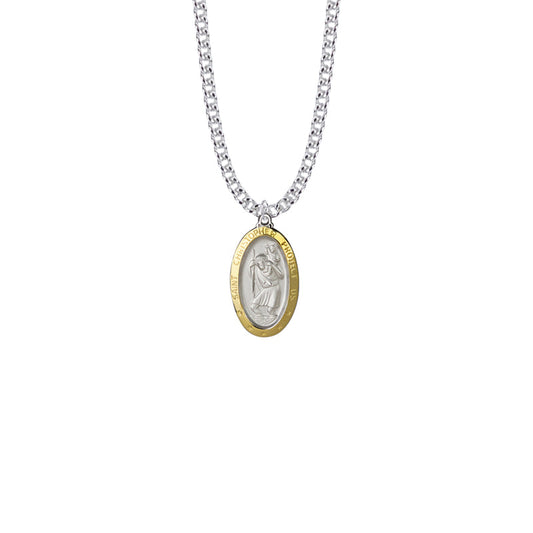 Two-Tone Sterling Silver Oval St. Christopher Medal, Patron Saint of Travelers