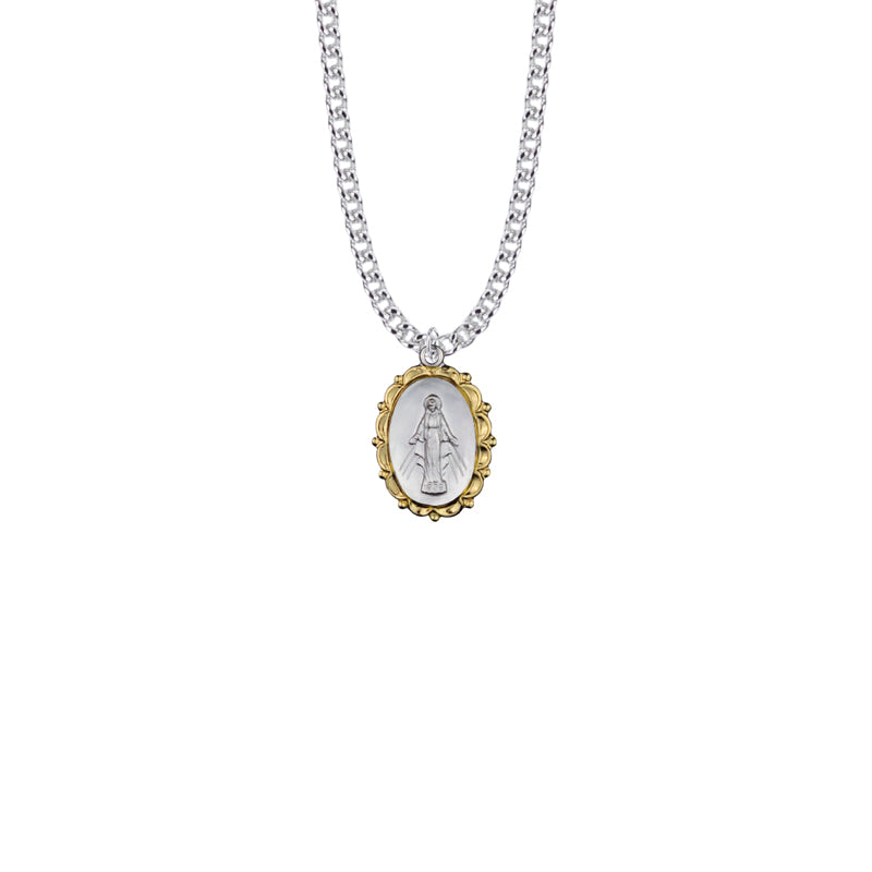 Two-Tone Sterling Silver Decorative Border Oval Miraculous Medal