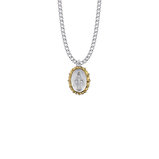 Two-Tone Sterling Silver Decorative Border Oval Miraculous Medal