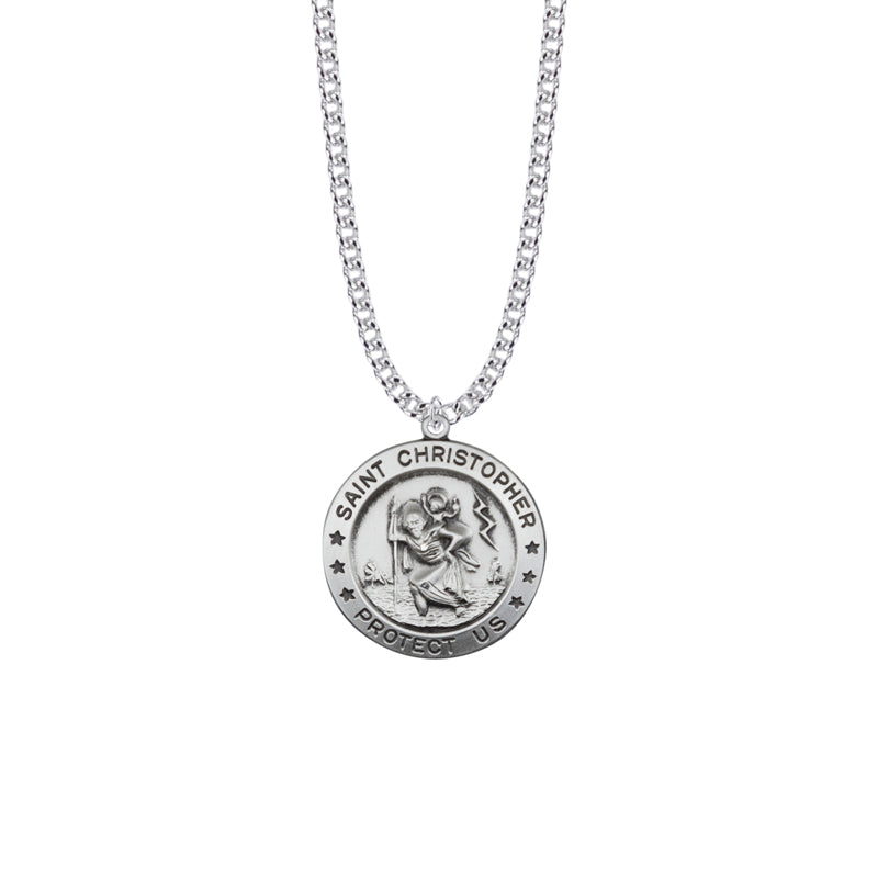 Sterling Silver Round Engraved St. Christopher Medal, Patron Saint of Travelers