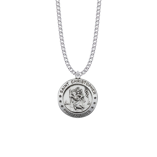 Sterling Silver Round Engraved St. Christopher Medal, Patron Saint of Travelers