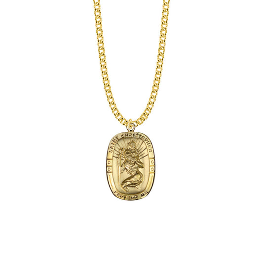 Gold Plated Over Sterling Silver Rounded Rectangle St. Christopher Medal, Patron Saint of Travelers