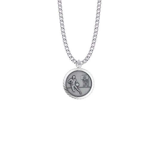 Round Sterling Silver Boy's Basketball Player Medal with St. Christopher on Back