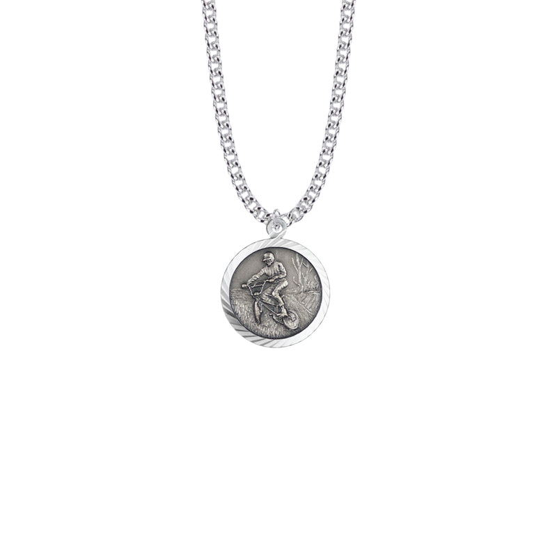 Round Sterling Silver Boy's Off Road Biker Medal with St. Christopher on Back