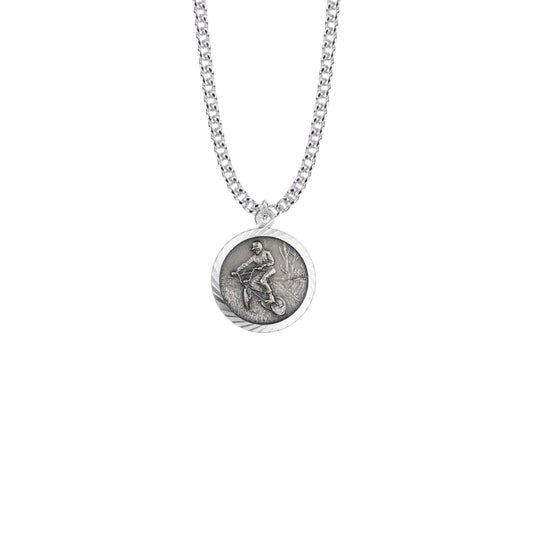 Round Sterling Silver Boy's Off Road Biker Medal with St. Christopher on Back