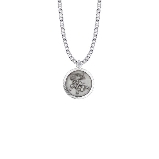 Round Sterling Silver Boy's Wrestling Medal with St. Christopher on Back