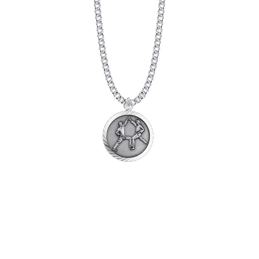 Round Sterling Silver Boy's Karate Medal with St. Christopher on Back