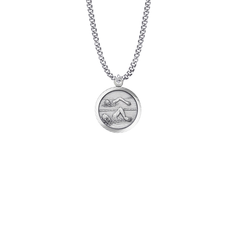Round Sterling Silver Girl's Swimmer Medal with St. Christopher on Back