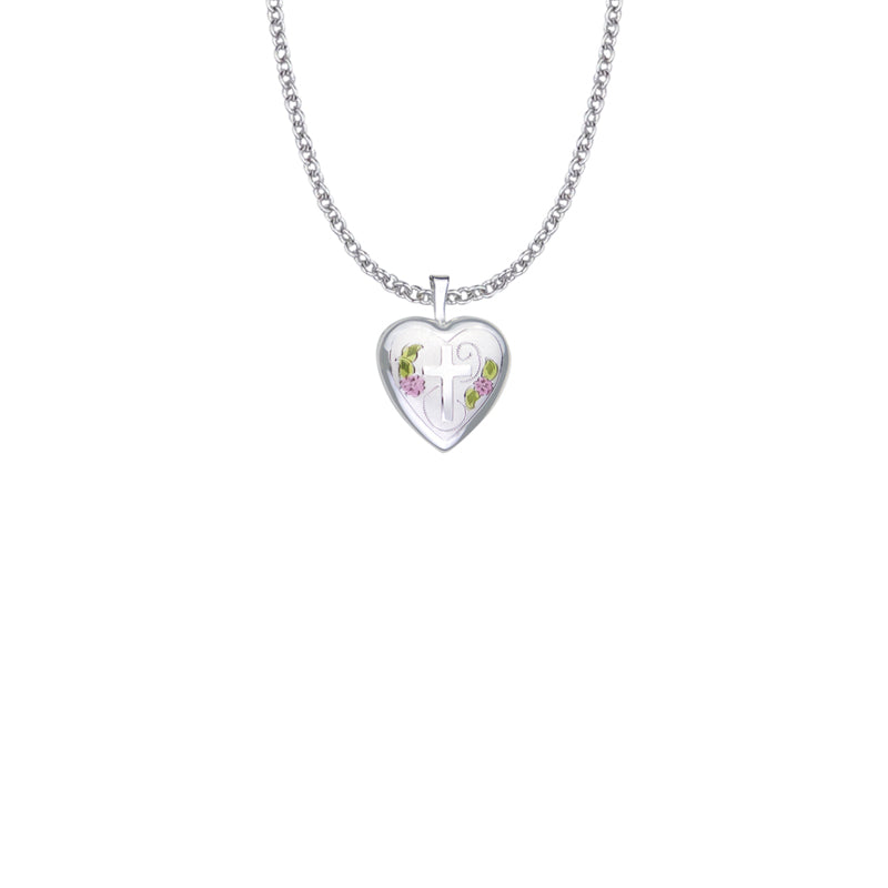 Sterling Silver and Enameled Rose with Cross on Heart Locket Necklace