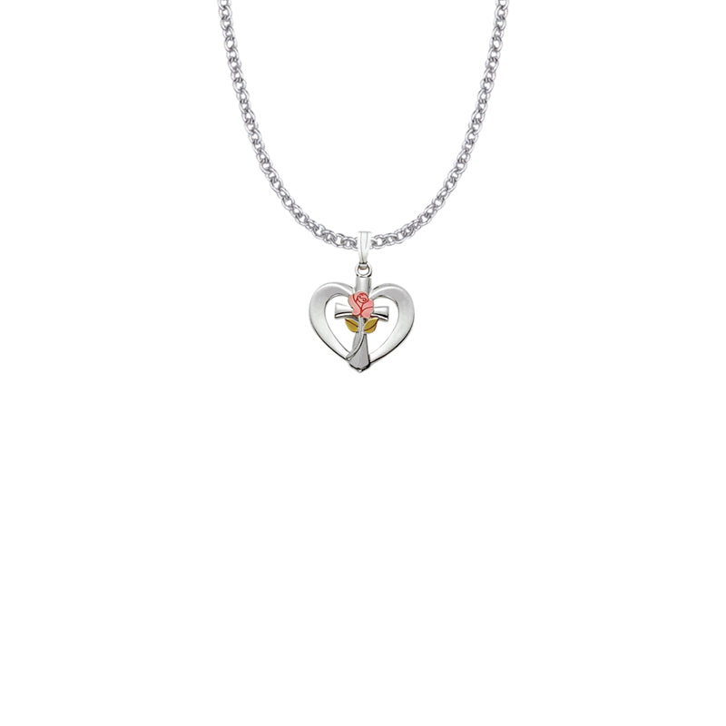 5/8 Inch Sterling Silver Enameled Pink Rose Cross Heart Necklace