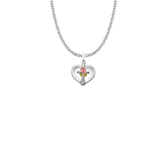 5/8 Inch Sterling Silver Enameled Pink Rose Cross Heart Necklace