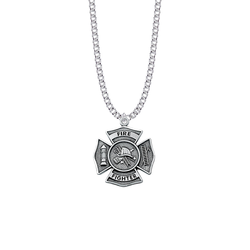 Sterling Silver Fire Fighter Shield Medal with Cross and Philippians 4:13 on Back