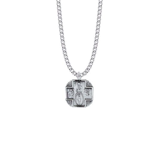 Sterling Silver Round Flowered Four Way Medal