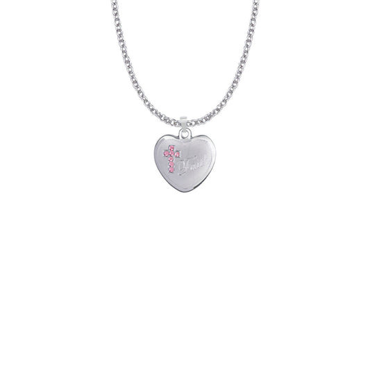 Sterling Silver Faith Pink CZ Stone Ribbon and Heart Medal