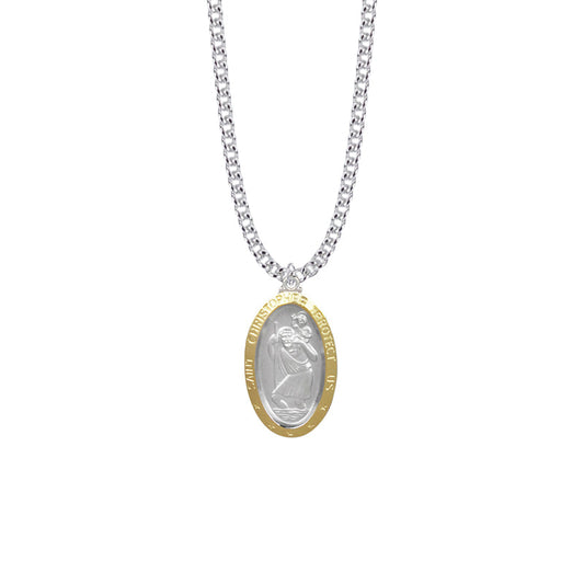 Two-Tone Sterling Silver Oval St. Christopher Medal, Patron Saint of Travelers