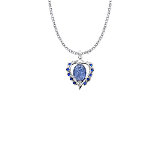 Sterling Silver Blue Enameled Heart Miraculous Medal