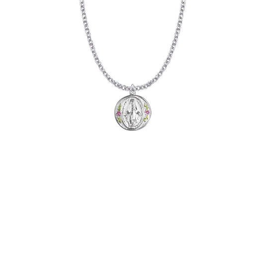 5/8 Inch Sterling Silver Round Miraculous Medal with Enameled Flowers
