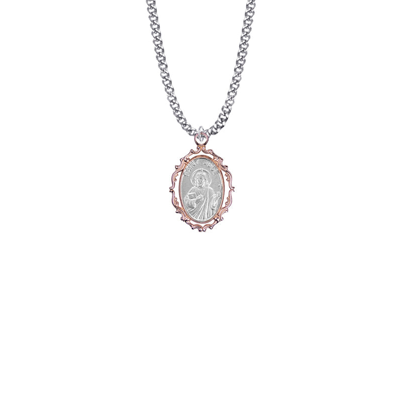 Sterling Silver with Decorative Rose Gold Plating Border Oval St. Jude Medal, Patron Saint of Hopeless Causes
