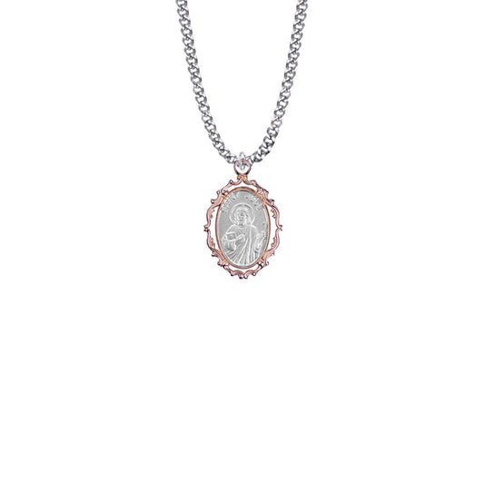 Sterling Silver with Decorative Rose Gold Plating Border Oval St. Jude Medal, Patron Saint of Hopeless Causes