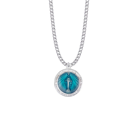 Sterling Silver Round Blue Enameled Miraculous Medal