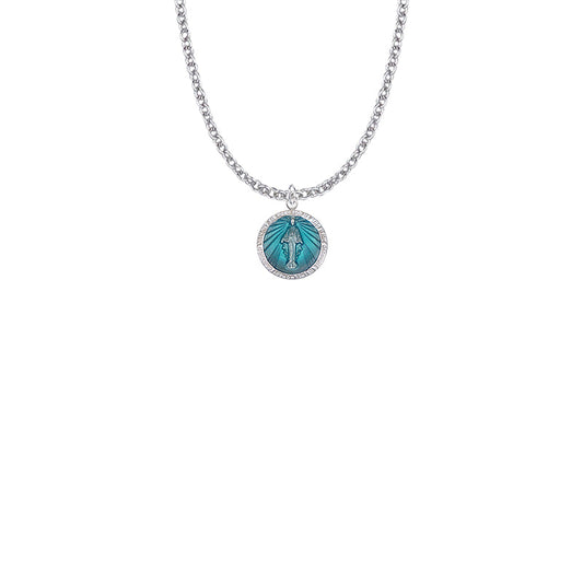 9/16 Inch Sterling Silver Round Blue Enameled Miraculous Medal