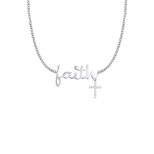 1/2 Inch Sterling Silver &quot;Faith&quot; with Cubic Zirconia Cross Charm Necklace