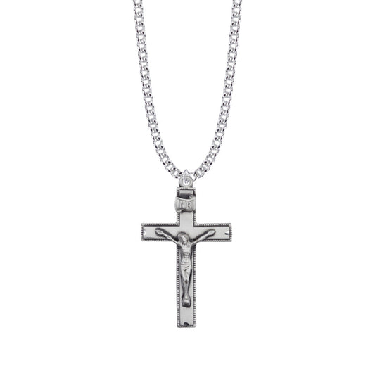 1-5/8 Inch Sterling Silver Beaded Antiqued Crucifix Necklace