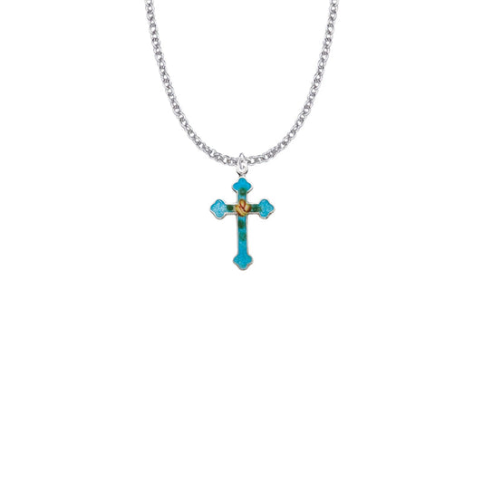 Sterling Silver Enameled Rose and Budded Ends Cross Necklace