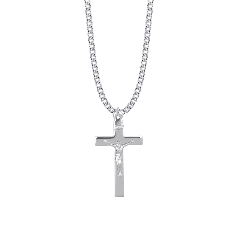 1-7/16 Inch Sterling Silver Engraved Crucifix Necklace