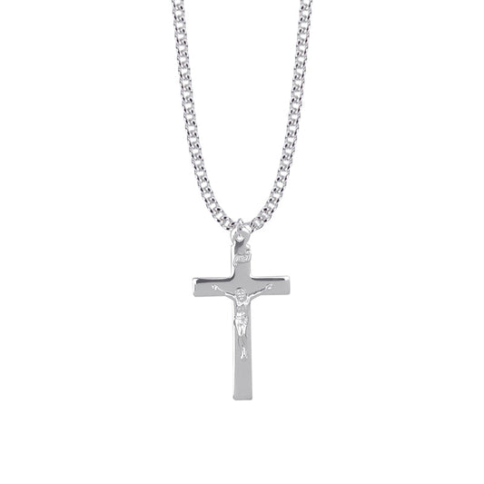 1-7/16 Inch Sterling Silver Engraved Crucifix Necklace