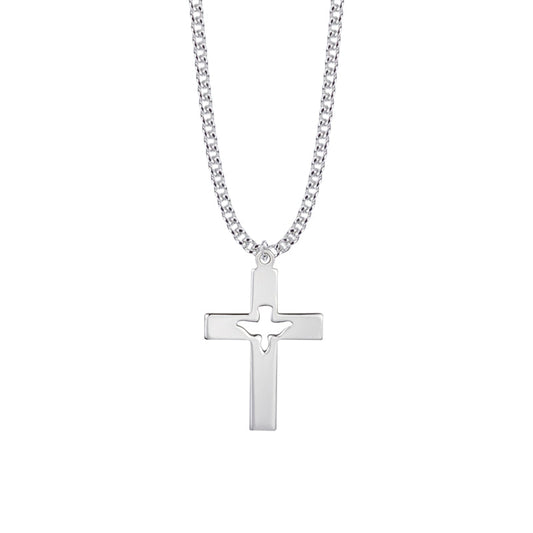 1-3/8 Inch Sterling Silver Pierced and Centered Dove Cross Necklace