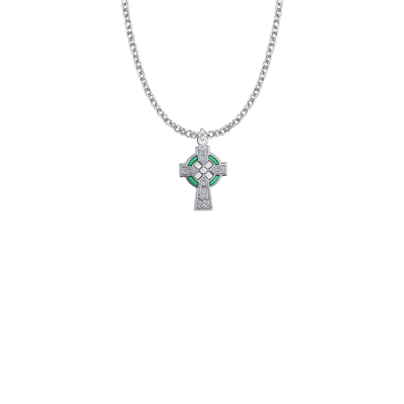 Sterling Silver Celtic Cross with Green Enamel Detail Cross Necklace