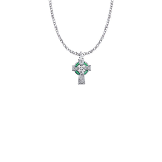 Sterling Silver Celtic Cross with Green Enamel Detail Cross Necklace