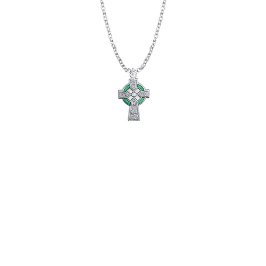 Sterling Silver Celtic Cross with Green Enamel Detail Baby Cross Necklace