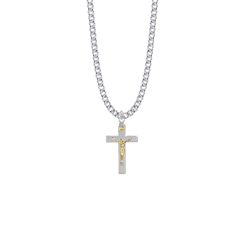 Two-Tone Sterling Silver Polished Crucifix Necklace