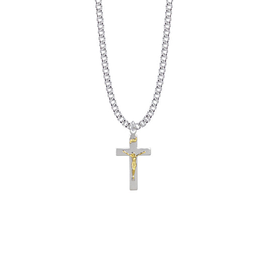 Two-Tone Sterling Silver Polished Crucifix Necklace