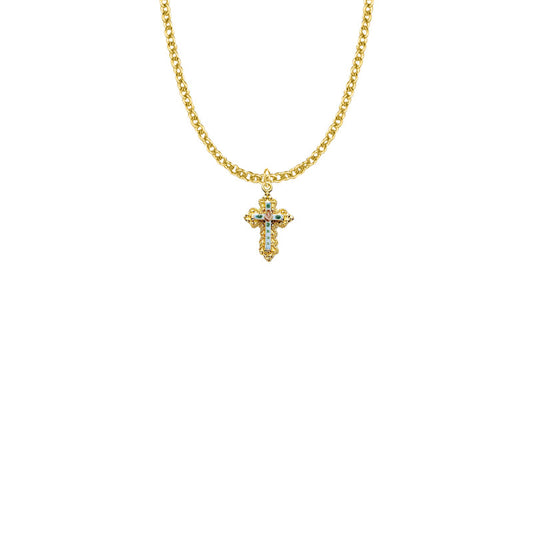 7/8 Gold Plated Over Sterling Silver Enameled Rose Filigree Cross Necklace