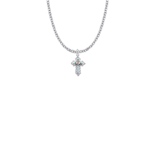 7/8 Sterling Silver Enameled Rose Filigree Cross Necklace