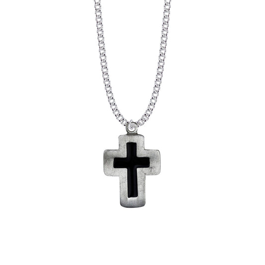 1-5/16 Inch Antiqued Black Enamel Cross Necklace