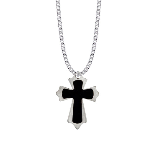 1-1/2 Inch Steel Budded Ends with Black Enameled Inner Cross on Cross Necklace