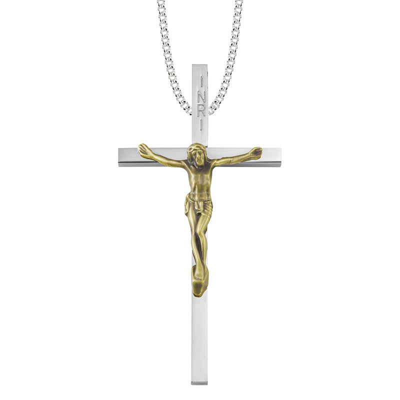 4 Inch Two-Tone Silver and Gold Plated Clergy Crucifix Necklace