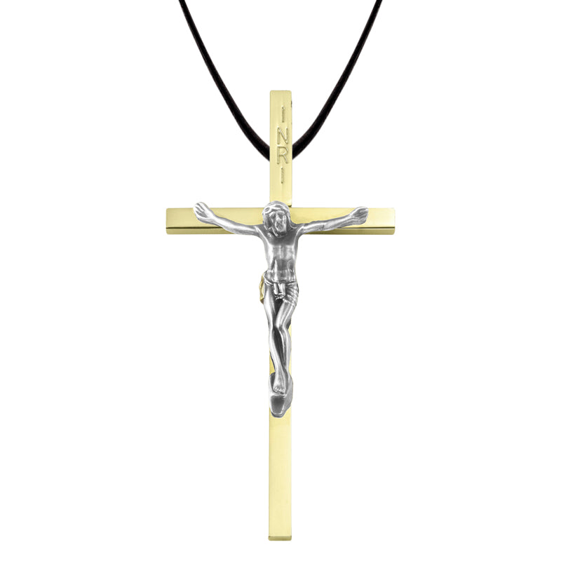 4 Inch Two-Tone Gold and Silver Plated Clergy Crucifix Necklace on 30 Inch Leather Cord