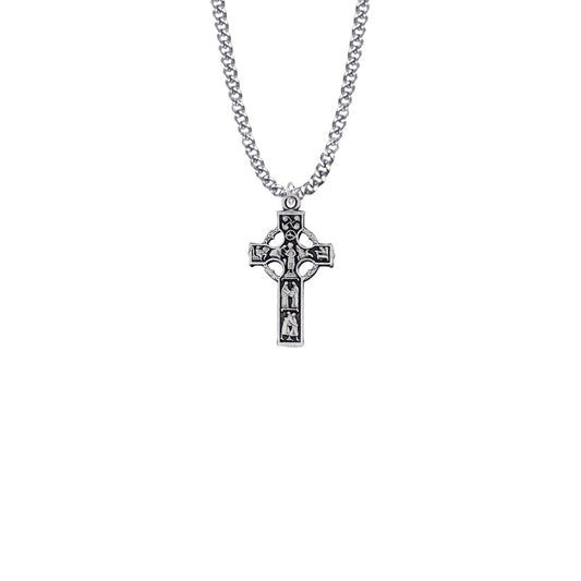 1-1/16 Inch Pewter Pierced Celtic Figures Cross Necklace