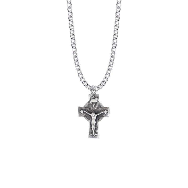 1-1/16 Inch Pewter Diamond Ends Celtic Crucifix Necklace